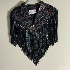 Vintage 80’s rainbow snake print black leather fringed 2 button shrug